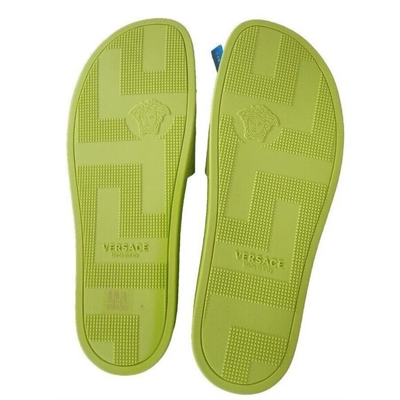 NEW Versace Gold MEDUSA HEAD Men Rubber Pool Slides Citron Green Size 10
